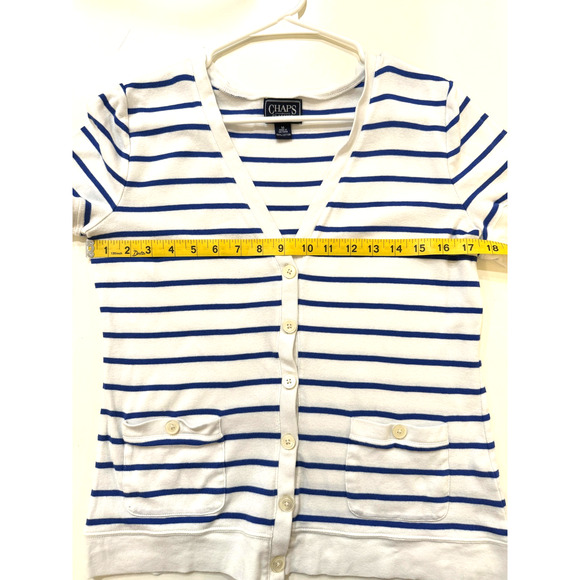 Chaps Cardigan Sweater Womens Medium Striped Short Sleeve Pockets Closet Staple - Picture 7 of 8